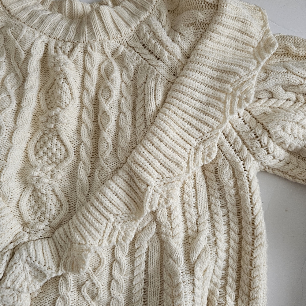 Saltwater Luxe Cream Ruffle Fisherman Sweater Crewneck Large Victorian High Neck - Picture 4 of 5